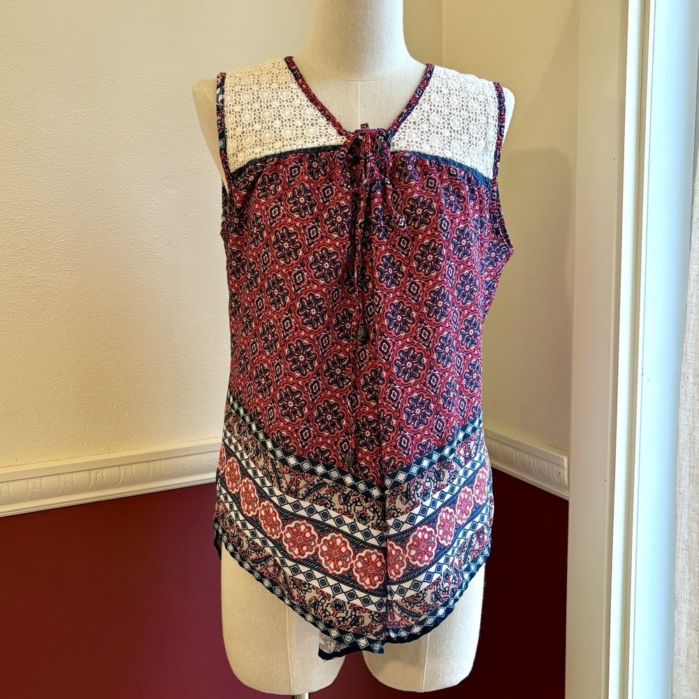Westport 1962 Sleeveless Top Blouse Blue Red Lace Women's M Western Peasant Boho